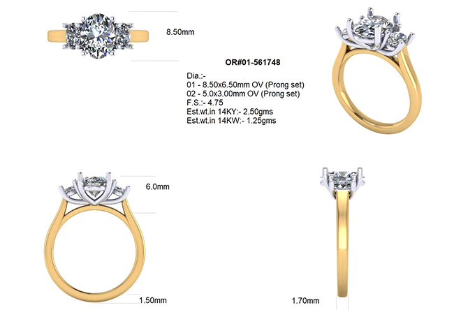 Custom ring design drawing: oval center diamond with oval side stones, yellow gold band and white gold prongs, with measurements